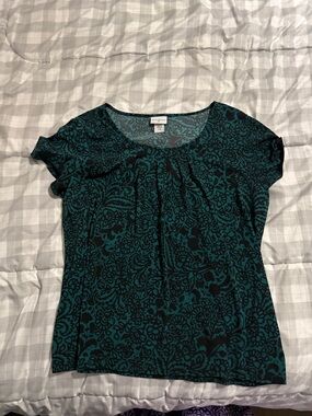 Jaclyn Smith Teal and Black Floral Scoop-Neck Blouse